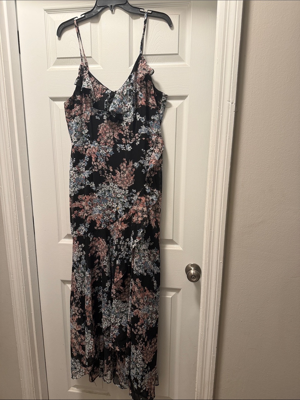 Floral Ruffle Maxi Dress - Black with Blush & Light Blue